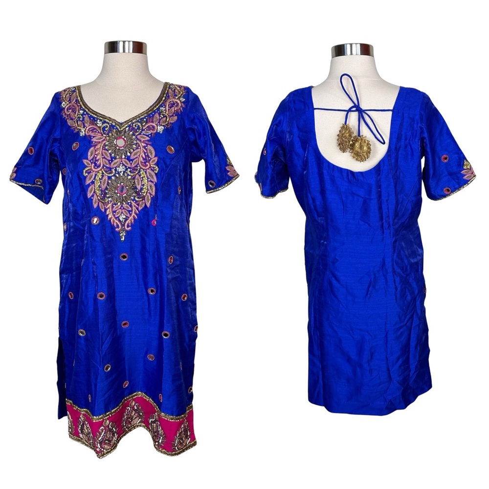 Blue Gold Ornate Beaded Embroidered Traditional Indian Kurta Tunic Blouse Top